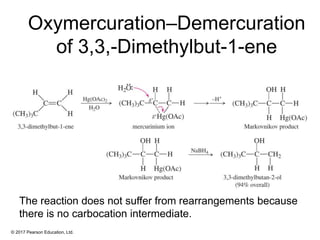 © 2017 Pearson Education, Ltd.
Oxymercuration–Demercuration
of 3,3,-Dimethylbut-1-ene
The reaction does not suffer from rearrangements because
there is no carbocation intermediate.
 