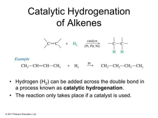 © 2017 Pearson Education, Ltd.
Catalytic Hydrogenation
of Alkenes
• Hydrogen (H2) can be added across the double bond in
a process known as catalytic hydrogenation.
• The reaction only takes place if a catalyst is used.
 