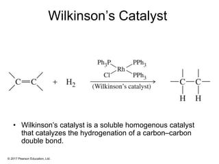 © 2017 Pearson Education, Ltd.
Wilkinson’s Catalyst
• Wilkinson’s catalyst is a soluble homogenous catalyst
that catalyzes the hydrogenation of a carbon–carbon
double bond.
 