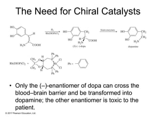 © 2017 Pearson Education, Ltd.
The Need for Chiral Catalysts
• Only the (–)-enantiomer of dopa can cross the
blood–brain barrier and be transformed into
dopamine; the other enantiomer is toxic to the
patient.
 