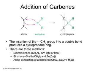 © 2017 Pearson Education, Ltd.
Addition of Carbenes
• The insertion of the —CH2 group into a double bond
produces a cyclopropane ring.
• There are three methods:
– Diazomethane (CH3N2, UV light or heat)
– Simmons–Smith (CH2I2 and Zn(Cu))
– Alpha elimination of a haloform (CHX3, NaOH, H2O)
 