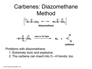 © 2017 Pearson Education, Ltd.
Carbenes: Diazomethane
Method
Problems with diazomethane:
1. Extremely toxic and explosive
2. The carbene can insert into C—H bonds, too.
 