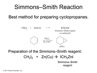 © 2017 Pearson Education, Ltd.
Simmons–Smith Reaction
Best method for preparing cyclopropanes.
Preparation of the Simmons–Smith reagent:
CH2I2 + Zn(Cu)  ICH2ZnI
Simmons–Smith
reagent
 
