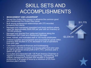 SKILL SETS AND ACCOMPLISHMENTSMANAGEMENT AND LEADERSHIPServed the United Way mission to advance the common good and championed the United Way cause.Built strong professional relationships with 275 recorded prospects and clients.Managed and maintained newsstand and book sections where sales are approximately $500,000 per year with an inventory of 100,000 products.Managed and directed four restaurant locations along the Mississippi Gulf Coast as a Restaurant Manager.Hired, trained, and motivated staff of 100 hourly employees.Ordered supplies and equipment and accounted for goods within inventory that resulted in a 2% decrease in cost of operations from prior year.Calculated operational finances and bookkeeping. Achieved an $8,000 increase of in-house sales from prior year, as well as achieved actual profit of $11,775 v. previous year’s deficit of -$2,324.Consulted and interacted with 135 Push America Chairmen in regards to fundraising, event programming, volunteering, and chapter management activities that resulted in increased productivity in all areas of focus by a minimum of 3% from previous year’s activity.$11,775-$2,234.00