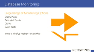Database Monitoring
Query Plans
Extended Events
DMVs
Event Table
There is no SQL Profiler – Use DMVs
 