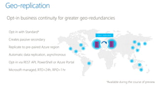 Opt-in with Standard*
Creates passive secondary
Replicate to pre-paired Azure region
Automatic data replication, asynchronous
Opt-in via REST API, PowerShell or Azure Portal
Microsoft-managed, RTO<24h, RPO<1 hr
Opt-in business continuity for greater geo-redundancies
Geo-replication
Geo- replicated
 