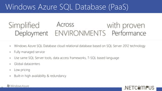 Windows Azure SQL Database (PaaS)
7
Simplified with proven
 