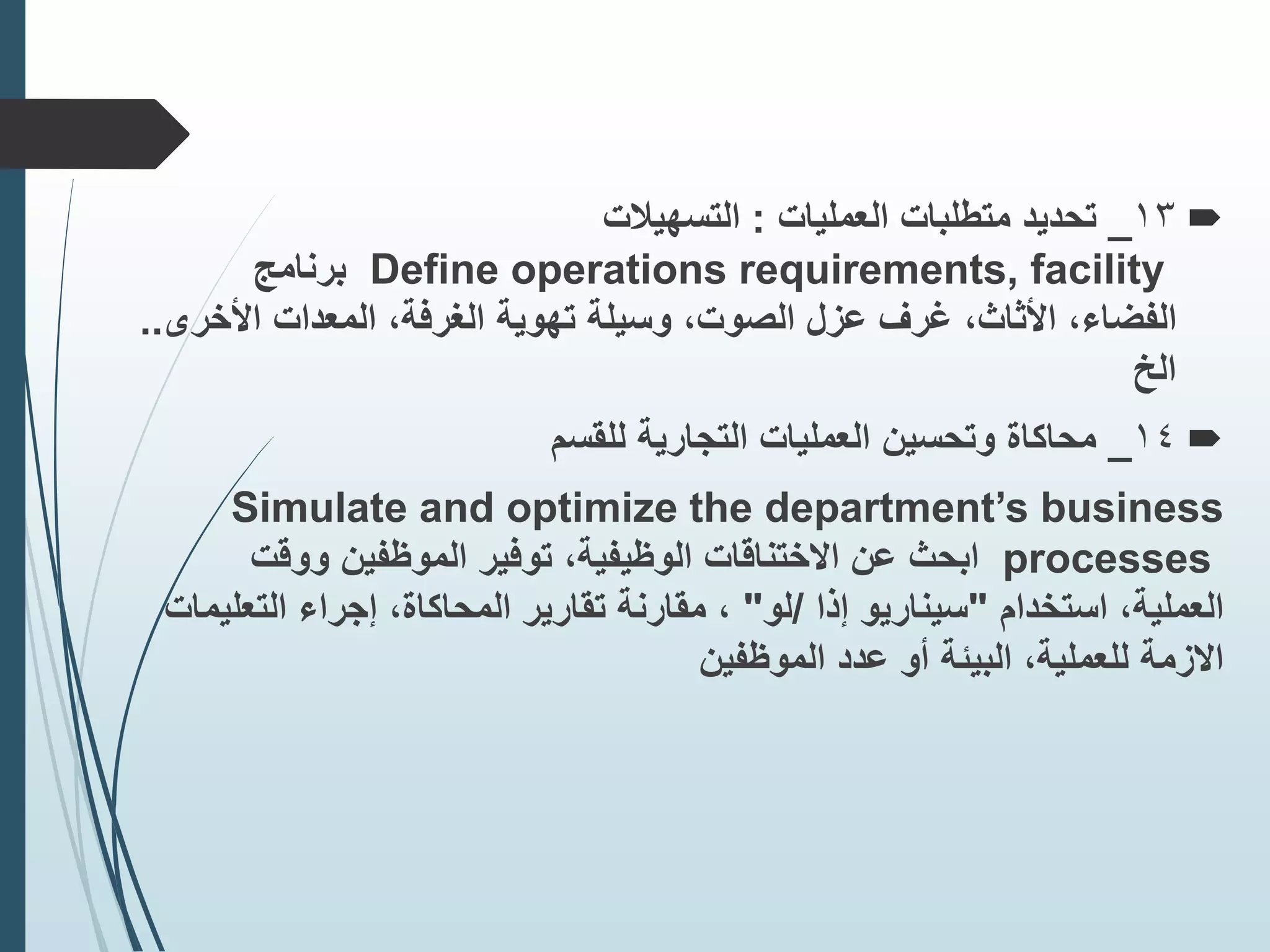 
13
_
‫تحديد‬
‫متطلبات‬
‫العمليات‬
:
‫التسهيًلت‬
Define operations requirements, facility
‫برنامج‬
‫األخر‬ ‫المعدات‬ ،‫الغرفة‬ ‫تهوية‬ ‫وسيلة‬ ،‫الصوت‬ ‫عزل‬ ‫غرف‬ ،‫األثاث‬ ،‫الفضاء‬
‫ى‬
..
‫الخ‬

14
_
‫التجارية‬ ‫العمليات‬ ‫وتحسين‬ ‫محاكاة‬
‫للقسم‬
Simulate and optimize the department’s business
processes
‫ابحث‬
‫عن‬
‫االختناقات‬
‫ووقت‬ ‫الموظفين‬ ‫توفير‬ ،‫الوظيفية‬
‫استخدام‬ ،‫العملية‬
"
‫إذا‬ ‫سيناريو‬
/
‫لو‬
"
‫التع‬ ‫إجراء‬ ،‫المحاكاة‬ ‫تقارير‬ ‫مقارنة‬ ،
‫ليمات‬
‫عدد‬ ‫أو‬ ‫البيئة‬ ،‫للعملية‬ ‫االزمة‬
‫الموظفين‬
 