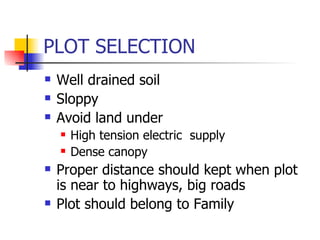 PLOT SELECTION Well drained soil Sloppy Avoid land under High tension electric  supply Dense canopy Proper distance should kept when plot is near to highways, big roads Plot should belong to Family 