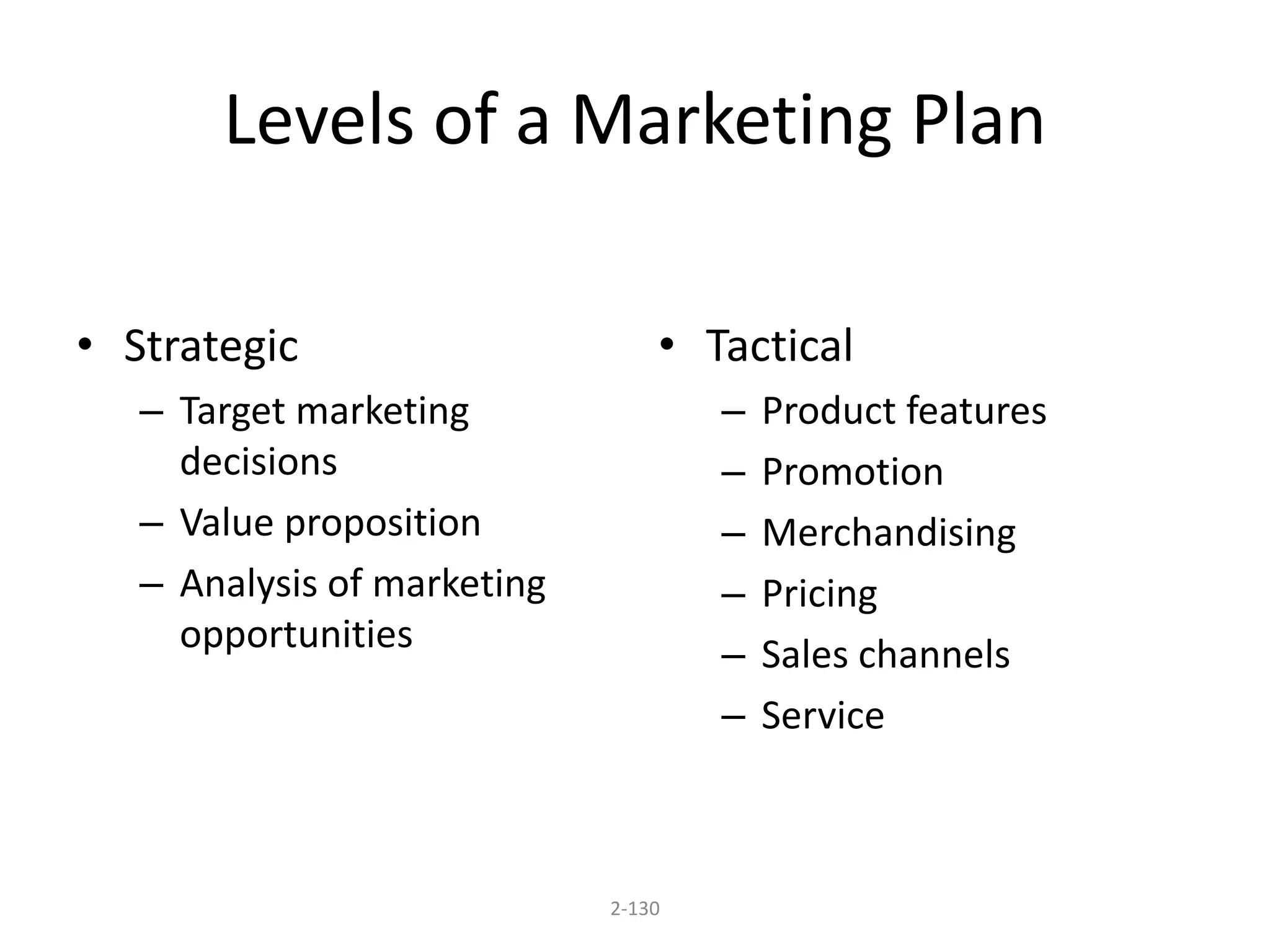 Levels of a Marketing Plan 
2-130 
• Strategic 
– Target marketing 
decisions 
– Value proposition 
– Analysis of marketing 
opportunities 
• Tactical 
– Product features 
– Promotion 
– Merchandising 
– Pricing 
– Sales channels 
– Service 
 