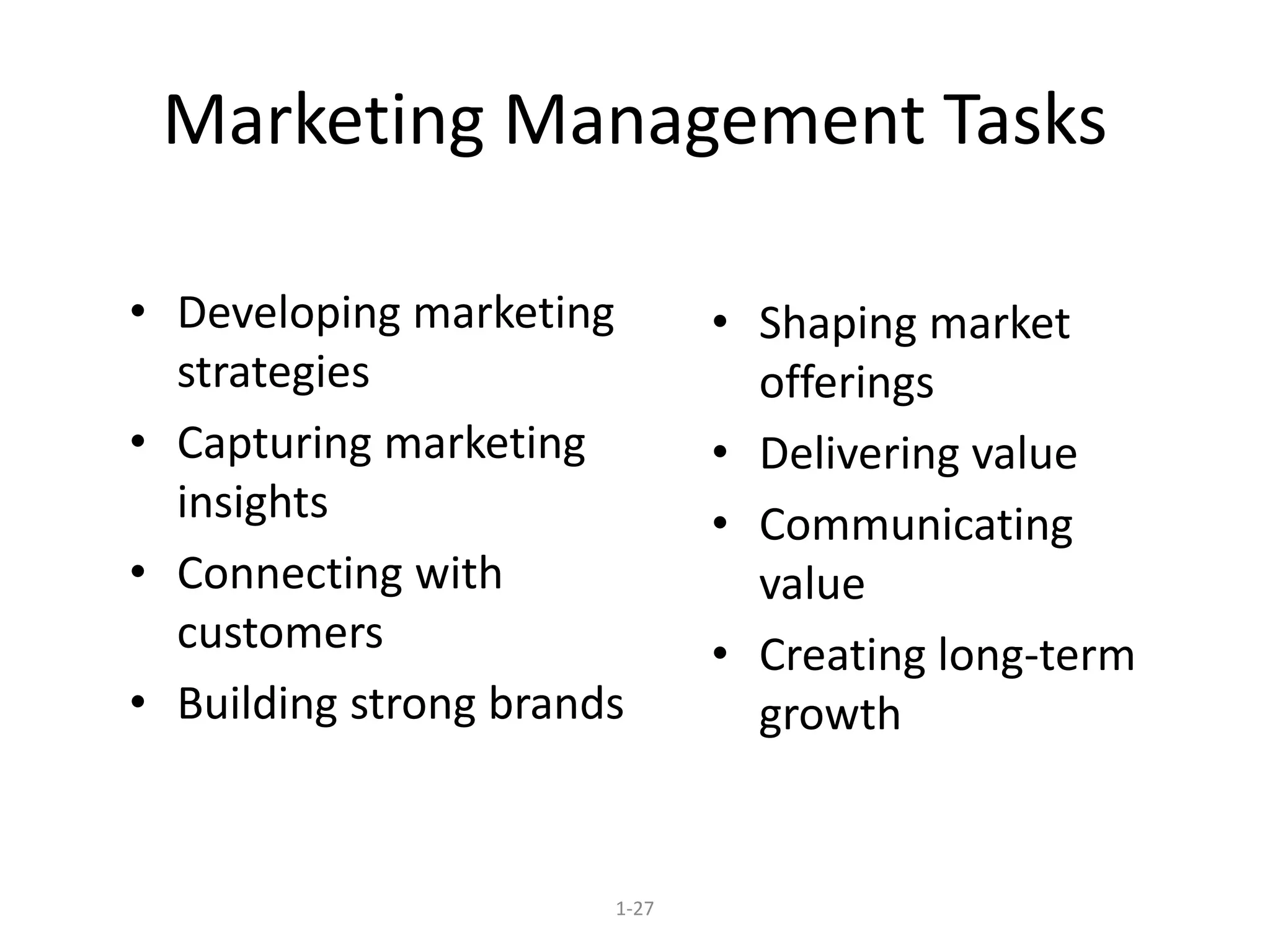 Marketing Management Tasks 
• Developing marketing 
strategies 
• Capturing marketing 
insights 
• Connecting with 
customers 
• Building strong brands 
1-27 
• Shaping market 
offerings 
• Delivering value 
• Communicating 
value 
• Creating long-term 
growth 
 