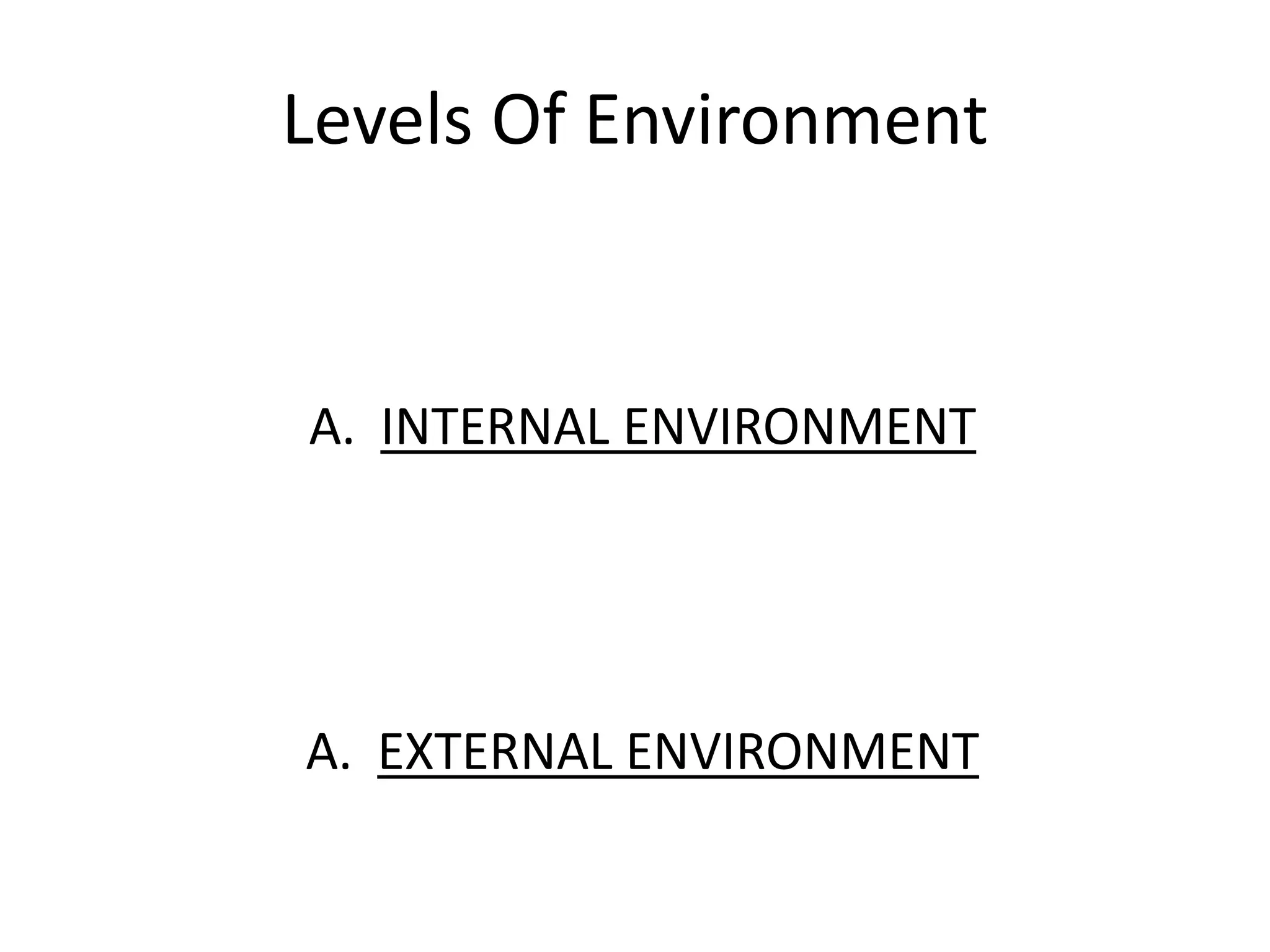 Levels Of Environment 
A. INTERNAL ENVIRONMENT 
A. EXTERNAL ENVIRONMENT 
 