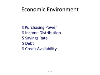 Economic Environment 
$ Purchasing Power 
$ Income Distribution 
$ Savings Rate 
$ Debt 
$ Credit Availability 
3-116 
 