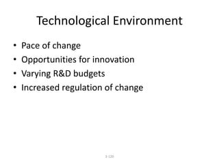 Technological Environment 
• Pace of change 
• Opportunities for innovation 
• Varying R&D budgets 
• Increased regulation of change 
3-120 
 