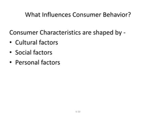 What Influences Consumer Behavior? 
Consumer Characteristics are shaped by - 
• Cultural factors 
• Social factors 
• Personal factors 
6-50 
 