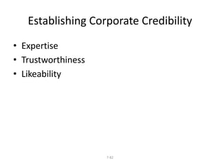 Establishing Corporate Credibility 
7-82 
• Expertise 
• Trustworthiness 
• Likeability 
 