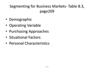 Segmenting for Business Markets- Table 8.3, 
page209 
• Demographic 
• Operating Variable 
• Purchasing Approaches 
• Situational Factors 
• Personal Characteristics 
8-99 
 