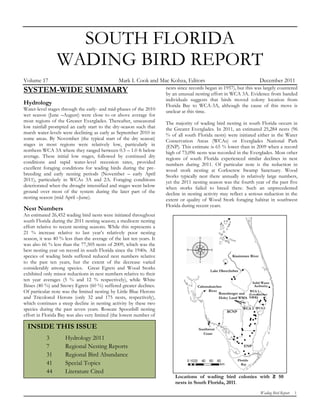 SOUTH FLORIDA
                WADING BIRD REPORT
Volume 17                                       Mark I. Cook and Mac Kobza, Editors                                  December 2011
                                                                      nests since records began in 1957), but this was largely countered
SYSTEM-WIDE SUMMARY                                                   by an unusual nesting effort in WCA 3A. Evidence from banded
                                                                      individuals suggests that birds moved colony location from
Hydrology                                                             Florida Bay to WCA-3A, although the cause of this move is
Water-level stages through the early- and mid-phases of the 2010      unclear at this time.
wet season (June –August) were close to or above average for
most regions of the Greater Everglades. Thereafter, unseasonal        The majority of wading bird nesting in south Florida occurs in
low rainfall prompted an early start to the dry-season such that      the Greater Everglades. In 2011, an estimated 25,284 nests (96
marsh water-levels were declining as early as September 2010 in       % of all south Florida nests) were initiated either in the Water
some areas. By November (the typical start of the dry season)         Conservation Areas (WCAs) or Everglades National Park
stages in most regions were relatively low, particularly in           (ENP). This estimate is 65 % lower than in 2009 when a record
northern WCA 3A where they ranged between 0.5 – 1.0 ft below          high of 73,096 nests was recorded in the Everglades. Most other
average. These initial low stages, followed by continued dry          regions of south Florida experienced similar declines in nest
conditions and rapid water-level recession rates, provided            numbers during 2011. Of particular note is the reduction in
excellent foraging conditions for wading birds during the pre-        wood stork nesting at Corkscrew Swamp Sanctuary. Wood
breeding and early nesting periods (November – early April            Storks typically nest there annually in relatively large numbers,
2011), particularly in WCAs 3A and 2A. Foraging conditions            yet the 2011 nesting season was the fourth year of the past five
deteriorated when the drought intensified and stages went below       when storks failed to breed there. Such an unprecedented
ground over most of the system during the later part of the           decline in nesting activity may reflect a serious reduction in the
nesting season (mid April –June).                                     extent or quality of Wood Stork foraging habitat in southwest
                                                                      Florida during recent years.
Nest Numbers
An estimated 26,452 wading bird nests were initiated throughout
south Florida during the 2011 nesting season; a mediocre nesting
effort relative to recent nesting seasons. While this represents a
21 % increase relative to last year’s relatively poor nesting
season, it was 40 % less than the average of the last ten years. It
was also 66 % less than the 77,505 nests of 2009, which was the
best nesting year on record in south Florida since the 1940s. All
species of wading birds suffered reduced nest numbers relative
to the past ten years, but the extent of the decrease varied
considerably among species. Great Egrets and Wood Storks
exhibited only minor reductions in nest numbers relative to their
ten year averages (5 % and 12 % respectively), while White
Ibises (40 %) and Snowy Egrets (60 %) suffered greater declines.
Of particular note was the limited nesting by Little Blue Herons
and Tricolored Herons (only 32 and 175 nests, respectively),
which continues a steep decline in nesting activity by these two
species during the past seven years. Roseate Spoonbill nesting
effort in Florida Bay was also very limited (the lowest number of

  INSIDE THIS ISSUE
           3         Hydrology 2011
           7         Regional Nesting Reports
           31        Regional Bird Abundance
           41        Special Topics
           44        Literature Cited
                                                                          Locations of wading bird colonies with ≥ 50
                                                                          nests in South Florida, 2011.
                                                                                                                     Wading Bird Report   1
 