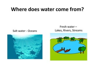 Where does water come from?
Salt water - Oceans
Fresh water –
Lakes, Rivers, Streams
 
