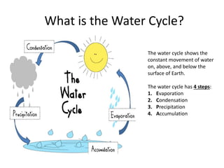What is the Water Cycle?
The water cycle shows the
constant movement of water
on, above, and below the
surface of Earth.
The water cycle has 4 steps:
1. Evaporation
2. Condensation
3. Precipitation
4. Accumulation
 