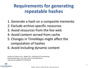 43
Requirements for generating
repeatable hashes
1. Generate a hash on a composite memento
2. Exclude archive-specific res...
