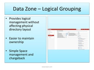 Data Zone – Logical Grouping
• Provides logical
management without
affecting physical
directory layout
• Easier to maintain
ownership
• Simple Space
management and
chargeback
www.wipro.com
 
