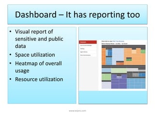 Dashboard – It has reporting too
• Visual report of
sensitive and public
data
• Space utilization
• Heatmap of overall
usage
• Resource utilization
www.wipro.com
 