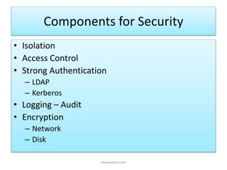Components for Security
• Isolation
• Access Control
• Strong Authentication
– LDAP
– Kerberos
• Logging – Audit
• Encryption
– Network
– Disk
www.wipro.com
 