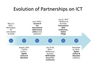 May 2-3,
2013 –
Washington,
DC
consultation
at USAID
August, 2013
– Call for
articles --
Digital
Culture &
Education
June, 2014 –
Journal of
the
International
AIDS Society
(JIAS) article
published
July 19-20,
2014 –
Melbourne,
Australia,
MSM Global
Forum Pre-
Conference
July 21, 2014
– Melbourne,
Australia,
International
AIDS
Conference,
Global
Village
November
15, 2014 –
Digital
Culture &
Education
publishes
Evolution of Partnerships on ICT
 