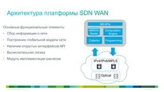 © 2010 Cisco and/or its affiliates. All rights reserved. Cisco Confidential 11
Optical
IPv4/IPv6/MPLS
Collector Programming
Network
Model
Computation
Engine
NB APIs
Основные функциональные элементы
•  Сбор информации о сети
•  Построение глобальной модели сети
•  Наличие открытых интерфейсов API
•  Вычислительная логика
•  Модуль имплементации расчетов
 