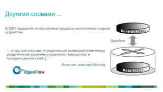© 2010 Cisco and/or its affiliates. All rights reserved. Cisco Confidential 6
“…открытый стандарт, определяющий взаимодействие между
разделёнными уровнями управления (контроллер) и
передачи данных (агент)…”
Источник: www.openflow.org
Openflow
В SDN парадигме не все сетевые процессы выполняются в одном
устройстве
 