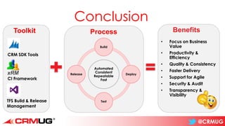 @CRMUG
Conclusion
• Focus on Business
Value
• Productivity &
Efficiency
• Quality & Consistency
• Faster Delivery
• Support for Agile
• Security & Audit
• Transparency &
Visibility
Toolkit
CRM SDK Tools
TFS Build & Release
Management
CI Framework
Automated
Consistent
Repeatable
Fast
Build
Deploy
Test
Release
Process Benefits
 