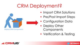 @CRMUG
CRM Deployment?
▪ Import CRM Solutions
▪ Pre/Post Import Steps
▪ Configuration Data
▪ Deploy Other
Components
▪ Verification & Testing
Deploy CRM Components
 