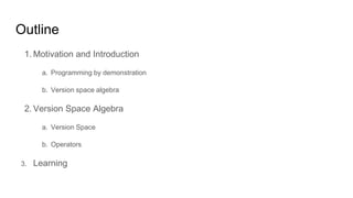 Outline
1. Motivation and Introduction
a. Programming by demonstration
b. Version space algebra
2. Version Space Algebra
a. Version Space
b. Operators
3. Learning
 