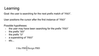 Learning
Goal: the user is searching for the next prefix match of “PBD”.
User positions the cursor after the first instance of “PBD”
Possible hypotheses:
- the user may have been searching for the prefix “PBD”
- the prefix “BD”
- the prefix “D”
- a superstring of “PBD”
- etc...
I like PBD Design PBD
 
