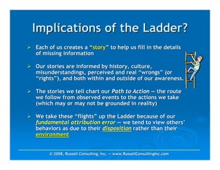 Implications of the Ladder?
Each of us creates a “story” to help us fill in the details
of missing information

Our stories are informed by history, culture,
misunderstandings, perceived and real “wrongs” (or
“rights”), and both within and outside of our awareness.

The stories we tell chart our Path to Action — the route
we follow from observed events to the actions we take
(which may or may not be grounded in reality)

We take these “flights” up the Ladder because of our
fundamental attribution error — we tend to view others’
behaviors as due to their disposition rather than their
environment


     © 2008, Russell Consulting, Inc. — www.RussellConsultingInc.com
 