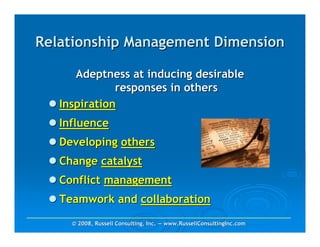 Relationship Management Dimension

      Adeptness at inducing desirable
              responses in others
   Inspiration
   Influence
   Developing others
   Change catalyst
   Conflict management
   Teamwork and collaboration
     © 2008, Russell Consulting, Inc. — www.RussellConsultingInc.com
 
