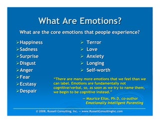 What Are Emotions?
What are the core emotions that people experience?

Happiness                                 Terror
Sadness                                   Love
Surprise                                  Anxiety
Disgust                                   Longing
Anger                                     Self-worth
Fear              “There are many more emotions that we feel than we
Ecstasy           can label. Emotions are fundamentally not
                  cognitive/verbal, so, as soon as we try to name them,
Despair           we begin to be cognitive instead.”
                                       — Maurice Elias, Ph.D, co-author
                                         Emotionally Intelligent Parenting

      © 2008, Russell Consulting, Inc. — www.RussellConsultingInc.com
 