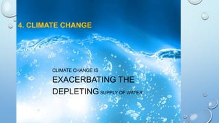 4. CLIMATE CHANGE
CLIMATE CHANGE IS
EXACERBATING THE
DEPLETING SUPPLY OF WATER.
 