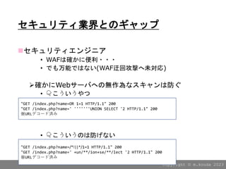 Copyright ?? m.kouda 2023
ƥIȤΥå
?ƥ󥸥˥
? WAFϴ_˱???
? ǤܤǤϤʤ(WAFػعĤδ)
?_Web`ФؤΟoʥϷ
? ?
? ?ΤϷʤ
"GET /index.php?name=OR 1=1 HTTP/1.1" 200
"GET /index.php?name=' '''''''UNION SELECT '2 HTTP/1.1" 200
URLǥ`ɜg
"GET /index.php?name=/*!||*/1=1 HTTP/1.1" 200
"GET /index.php?name=' +un/**/ion+se/**/lect '2 HTTP/1.1" 200
URLǥ`ɜg
 