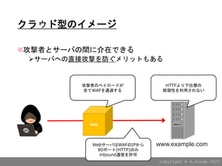 Copyright ?? m.kouda 2023
饦ͤΥ`
?ߤȥ`Фg˽ڤǤ
?`ФؤֱӹĤåȤ⤢
WAF
ߤΥڥ`ɤ
ȫWAFͨ^
HTTPλӤ
Ԥäʤ
www.example.com
Web`ФWAFIP
80ݩ`(HTTP)Τ
inboundͨŤS
 