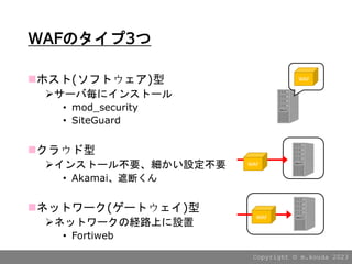 Copyright ?? m.kouda 2023
WAFΥ3
?ۥ(եȥ)
?`К˥󥹥ȩ`
? mod_security
? SiteGuard
?饦
?󥹥ȩ`벻ҪOҪ
? AkamaiڶϤ
?ͥåȥ`(`ȥ)
?ͥåȥ`νU·ϤO
? Fortiweb
WAF
WAF
WAF
 