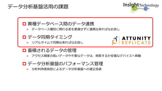 データ分析基盤活用の課題
 異種データベース間のデータ連携
 データベース種別に関わる差を意識せずに連携出来ればなお良し
 データ同期タイミング
 リアルタイムで同期出来ればなお良し
 蓄積されるデータの管理
 アクセス頻度の低いデータや不要なデータは、削除するか安価なデバイスへ移動
 データ分析基盤のパフォーマンス管理
 分析利用者負担によるデータ分析基盤への適正投資
 