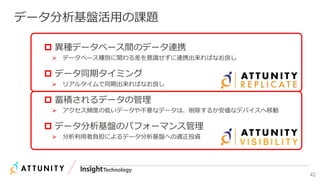 42
データ分析基盤活用の課題
 異種データベース間のデータ連携
 データベース種別に関わる差を意識せずに連携出来ればなお良し
 データ同期タイミング
 リアルタイムで同期出来ればなお良し
 蓄積されるデータの管理
 アクセス頻度の低いデータや不要なデータは、削除するか安価なデバイスへ移動
 データ分析基盤のパフォーマンス管理
 分析利用者負担によるデータ分析基盤への適正投資
V I S I B I L I T Y
 