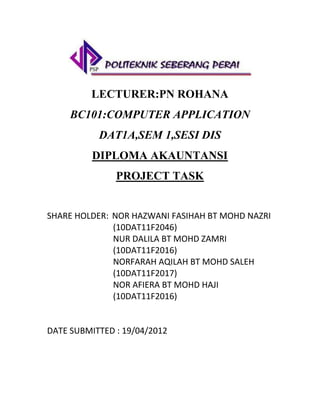 LECTURER:PN ROHANA
BC101:COMPUTER APPLICATION
DAT1A,SEM 1,SESI DIS
DIPLOMA AKAUNTANSI
PROJECT TASK

SHARE HOLDER: NOR HAZWANI FASIHAH BT MOHD NAZRI
(10DAT11F2046)
NUR DALILA BT MOHD ZAMRI
(10DAT11F2016)
NORFARAH AQILAH BT MOHD SALEH
(10DAT11F2017)
NOR AFIERA BT MOHD HAJI
(10DAT11F2016)

DATE SUBMITTED : 19/04/2012

 