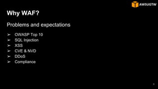 Why WAF?
Problems and expectations
➢ OWASP Top 10
➢ SQL Injection
➢ XSS
➢ CVE & NVD
➢ DDoS
➢ Compliance
6
 