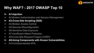 Why WAF? - 2017 OWASP Top 10
➢ A1-Injection
➢ A2-Broken Authentication and Session Management
➢ A3-Cross-Site Scripting (XSS)
➢ A4-Broken Access Control
➢ A5-Security Misconfiguration
➢ A6-Sensitive Data Exposure
➢ A7-Insufficient Attack Protection
➢ A8-Cross-Site Request Forgery (CSRF)
➢ A9-Using Components with Known Vulnerabilities
➢ A10-Underprotected APIs
7
 