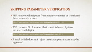 SKIPPING PARAMETER VERIFICATION
• PHP removes whitespaces from parameter names or transforms
them into underscores
• ASP r...