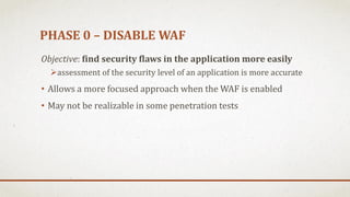 PHASE 0 – DISABLE WAF
Objective: find security flaws in the application more easily
assessment of the security level of a...
