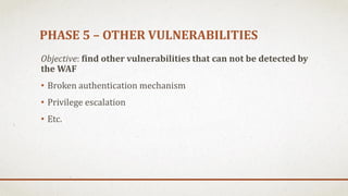 PHASE 5 – OTHER VULNERABILITIES
Objective: find other vulnerabilities that can not be detected by
the WAF
• Broken authent...